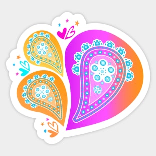 Pretty Cute Paisley Pattern with hearts and stars in orange, pink and blue Sticker